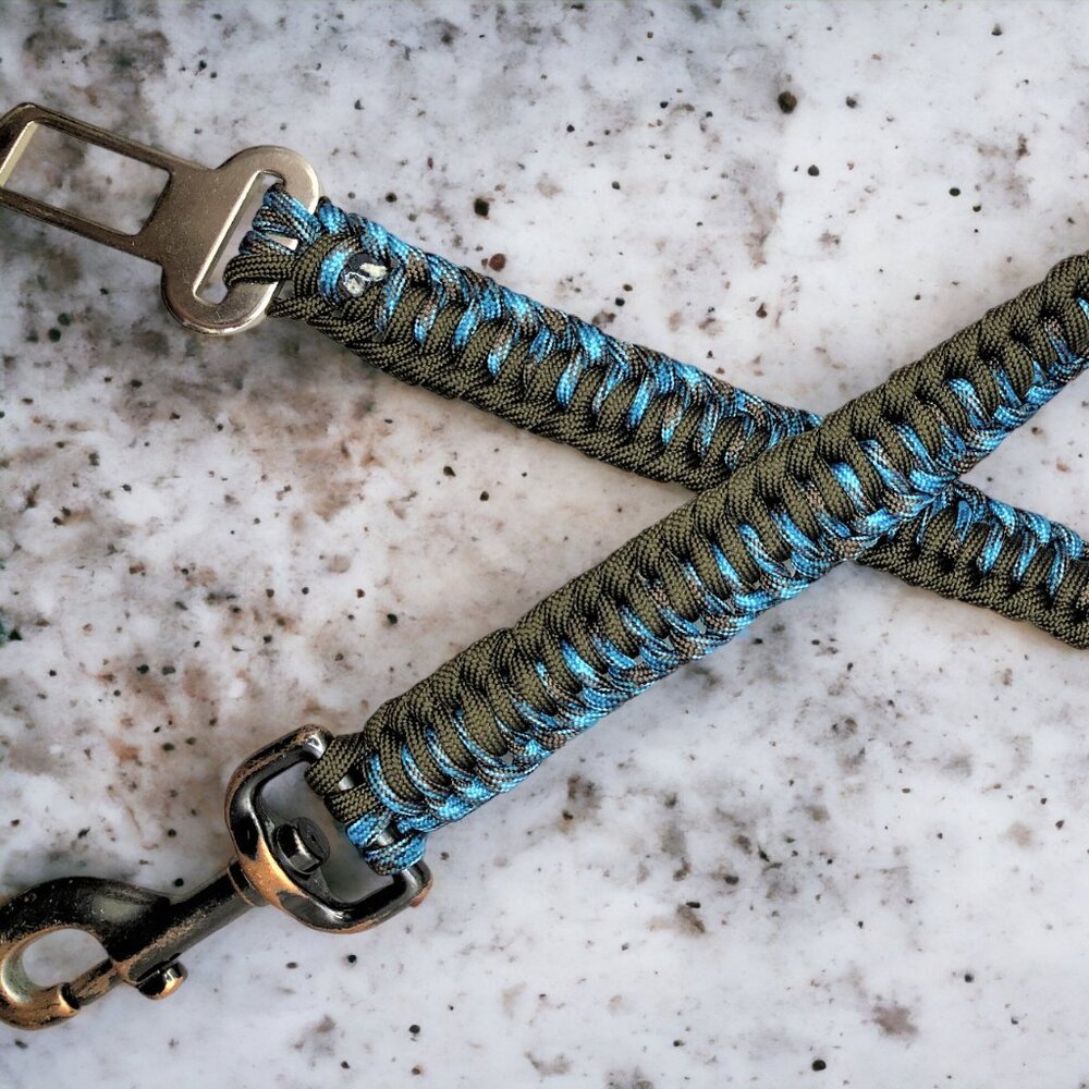 Dog Car Safety Seat Belt Leash ~ Brown & Turquoise Paracord 23.5" ~ Handmade New